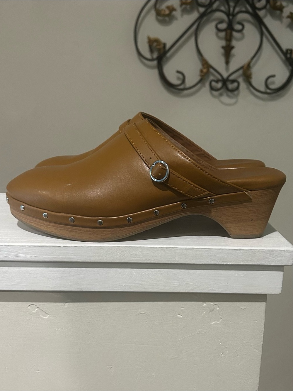 GAP Cognac Leather Clog Mules with Silver Rivets